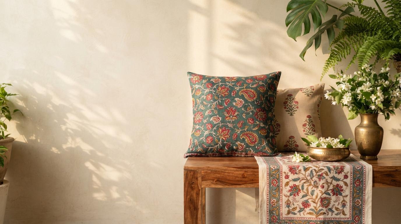 Hand block-printed cushion covers and a table runner on a wooden bench in warm afternoon light.