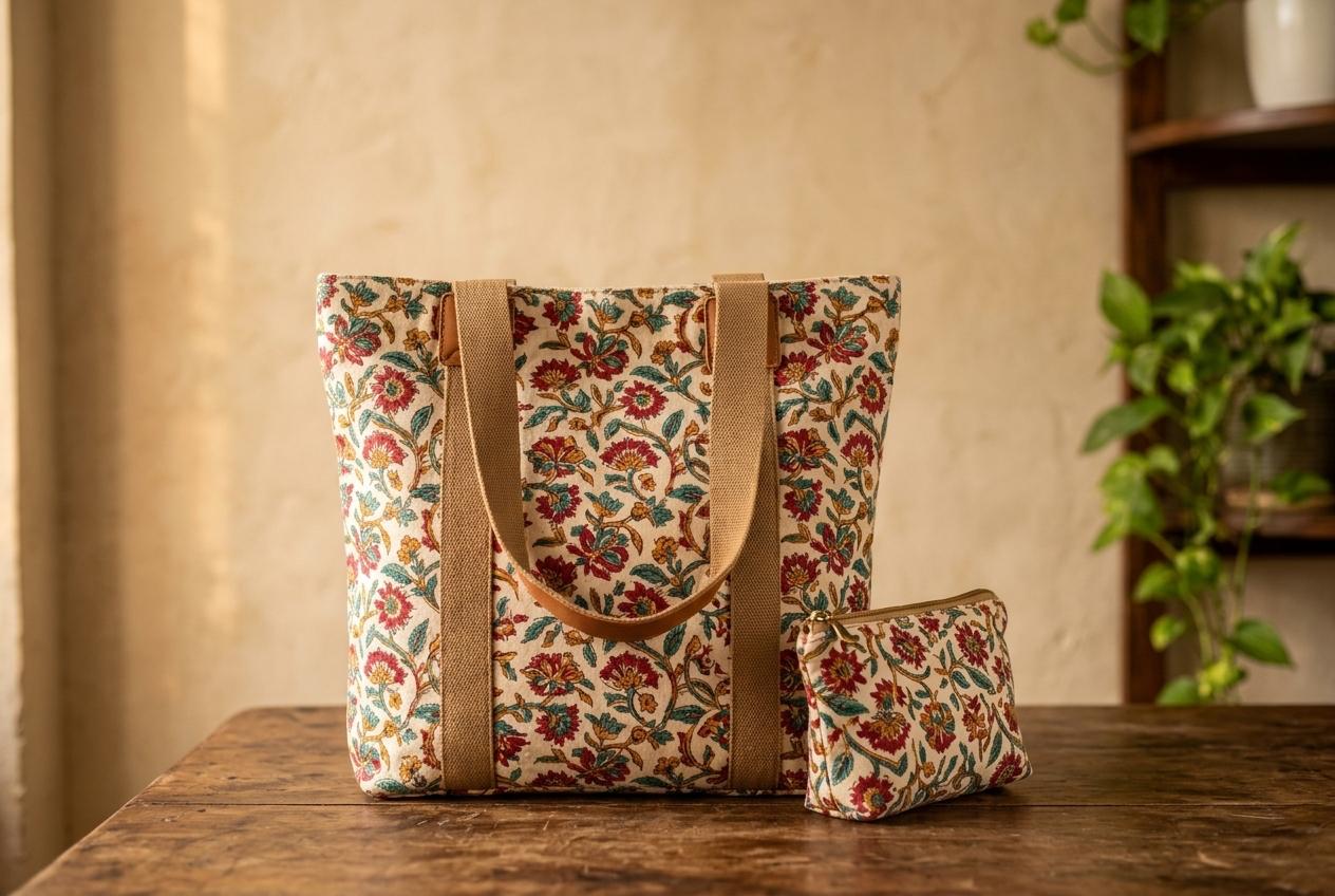 A floral block-printed tote bag and matching zip pouch on a wooden table.