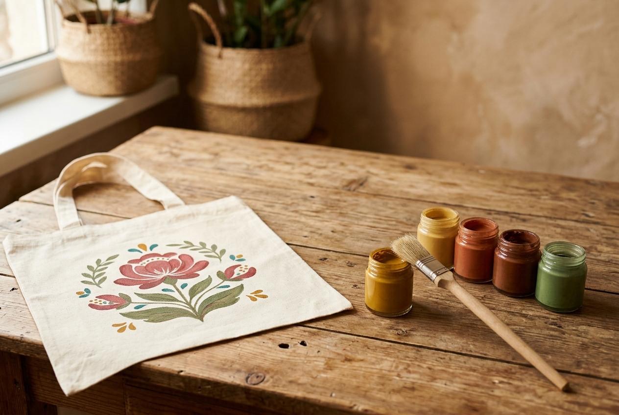 A cotton tote painted with a folk-art flower, next to small jars of earthy paint and a brush.