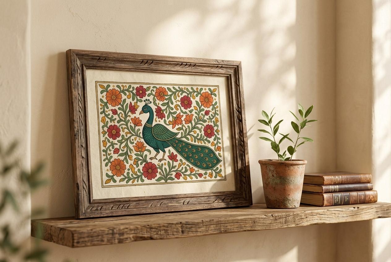 A framed folk painting of a peacock among flowers, leaning on a wooden shelf beside a potted plant.