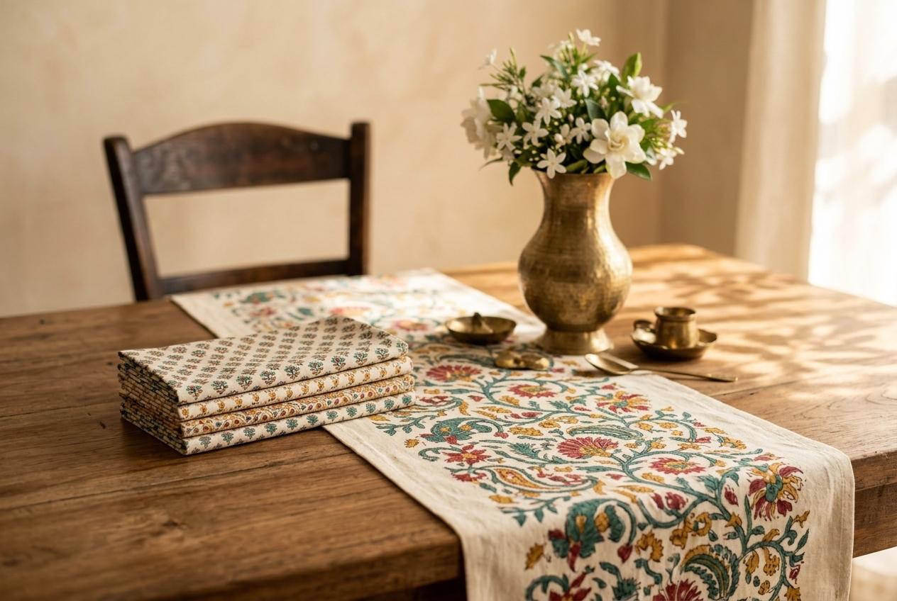A hand block-printed table runner and folded napkins on a wooden table beside a brass vase of jasmine.