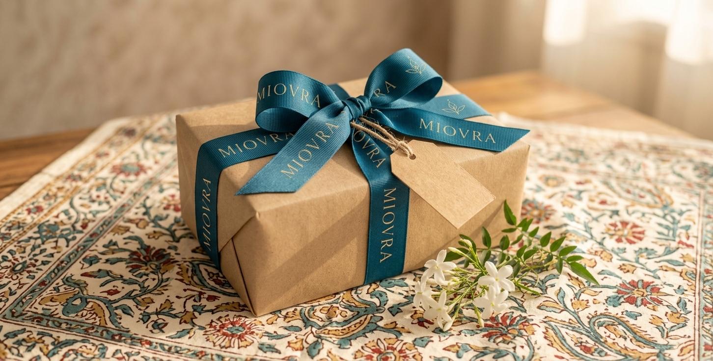 A gift wrapped in kraft paper and a Miovra ribbon, on a block-printed cloth.